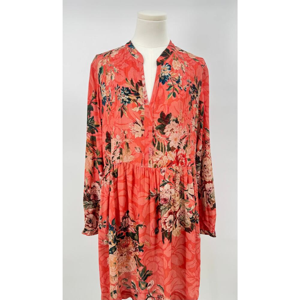 Peruvian Connection Coral Floral Split Neck Tunic Dress - Picture 4 of 9